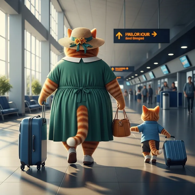 Full Red Cat and Kitten in Green Outfits at Airport - Realism and Beauty