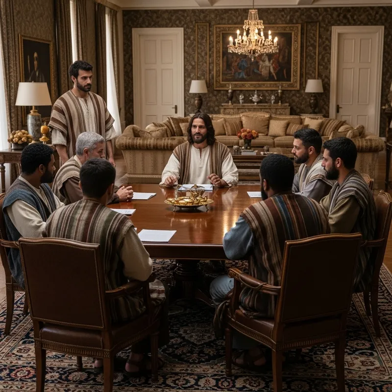 Jesus Teaching Disciples Around Table in Luxurious Setting Jesus Teaching Disciples Around Table in Luxurious Setting