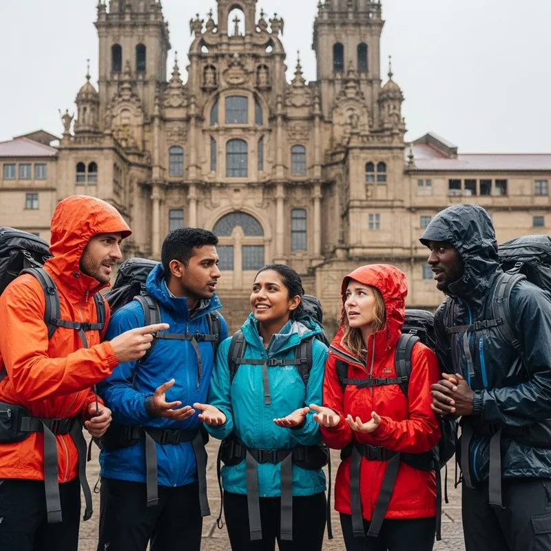 Diverse Group of Hikers at Santiago de Compostela in Rainstorm
