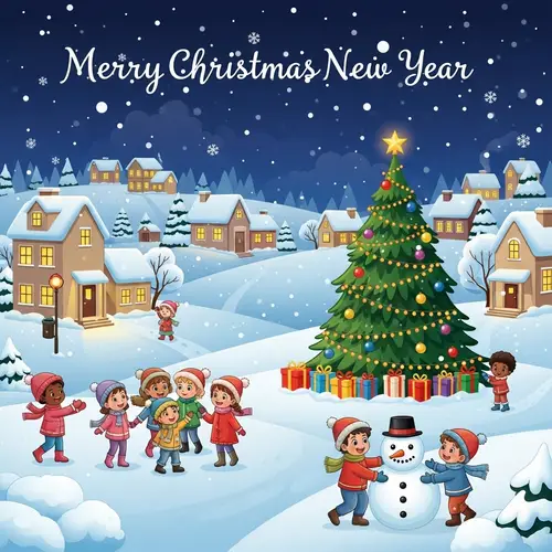 Festive Holiday Illustration - New Year Joy in Snowy Village