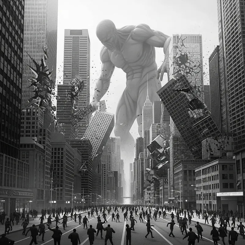 Colossal Monochrome Figure Destroying City