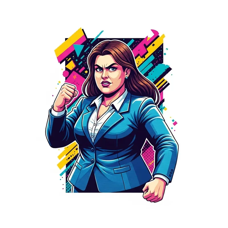 80s Retro Video Game Character: Large White Woman in Blue Suit