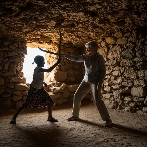 Playful Mock Battle in Rugged Stone Cave | Age-Defying Fun