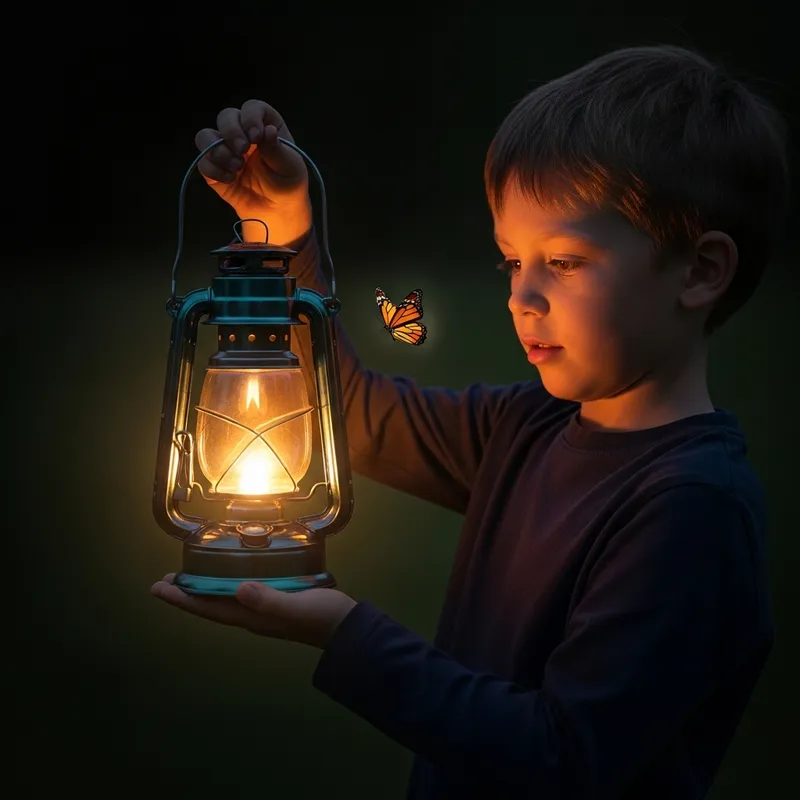 Enchanting Scene of Boy Holding Glowing Lantern with Butterfly