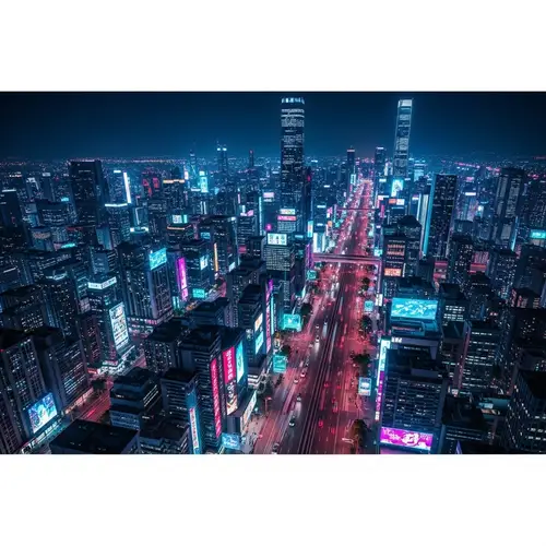 Futuristic Cityscape with Vibrant Neon Lights at Night