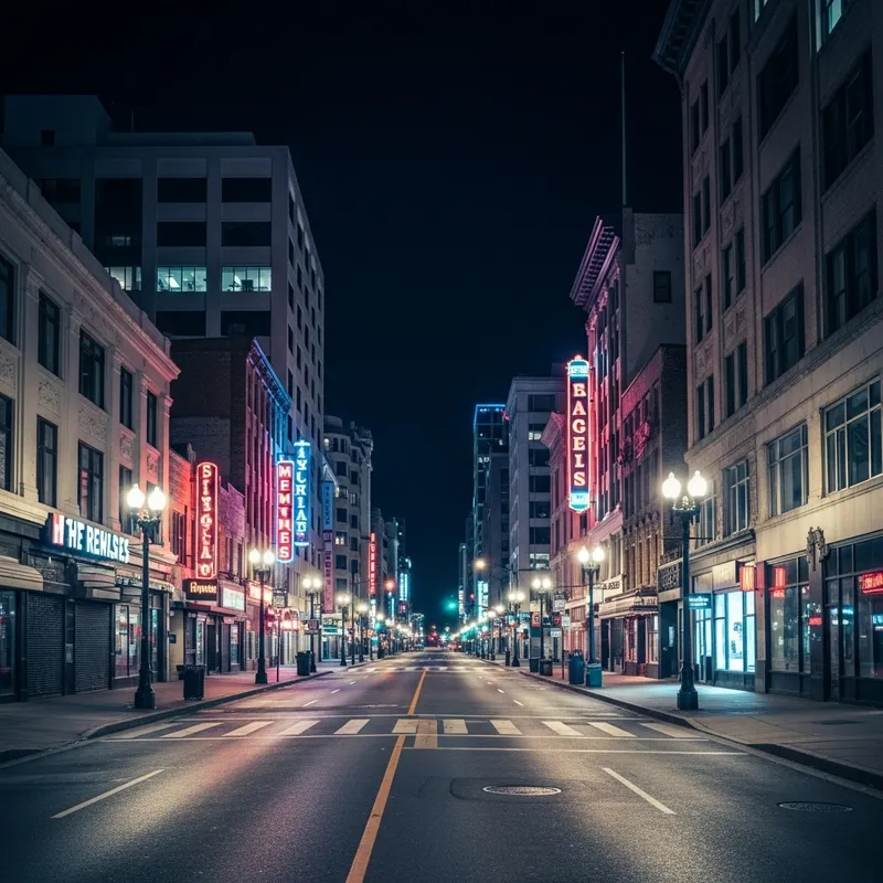 Empty City Streets at Night: Neon Lights & Tranquil Silence