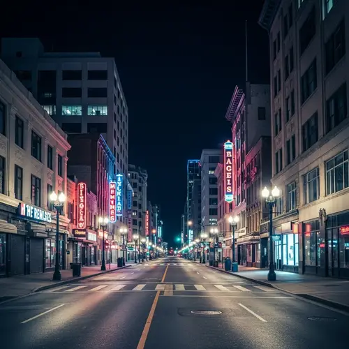 Empty City Streets: Flickering Neon Lights & Tranquil Silence