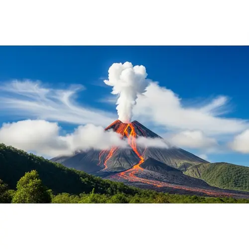 Active Volcano Landscape with Blue Sky