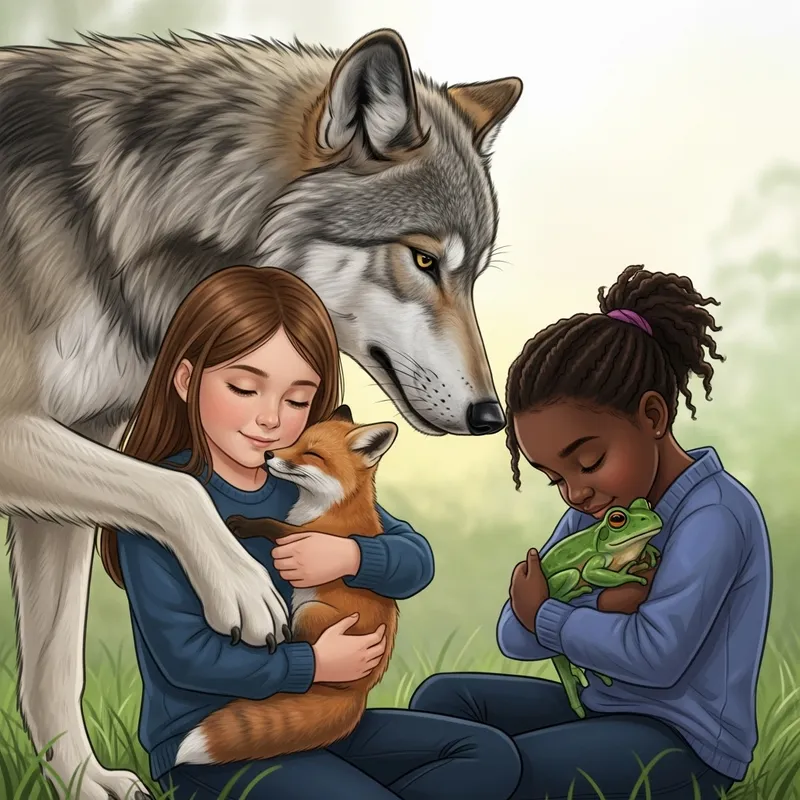 Heartwarming Scenes: Wolf Loving Girl, Fox, and Frog