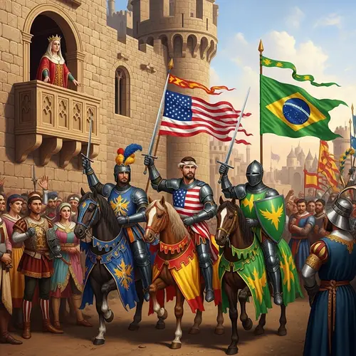 Renaissance Painting of Queen and Knights in Castle Balcony