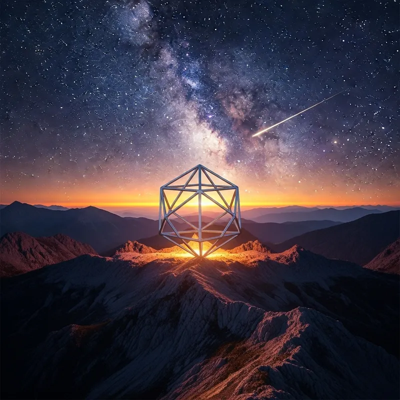 Realistic Sunset Mountain Landscape with Sacred Geometry Object & Milky Way