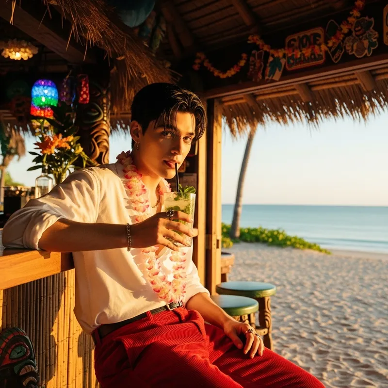BS Group's Jimin Sips Mojitos in Red Corduroy Pants at Hawaiian Bar