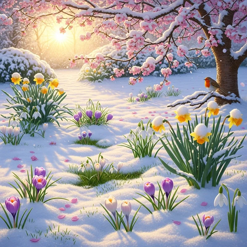 Joyful Spring Garden Blanketed in Snow