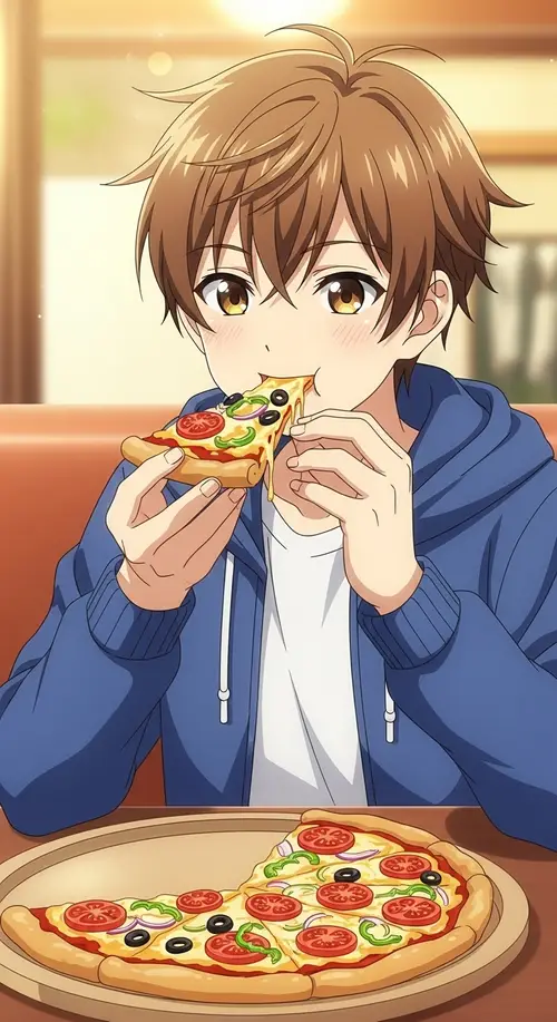 Anime Boy White Eating Pizza - Joyful Eating Scene