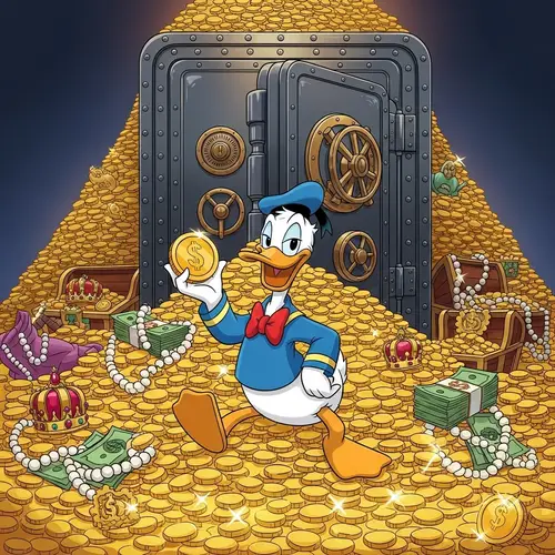 Cartoon Duck Sitting on Gold Coins by Large Safe