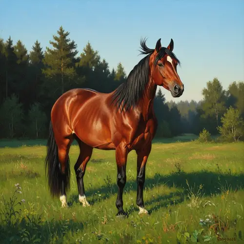 Beautiful Mare in Lush Green Meadow - Oil Painting Art
