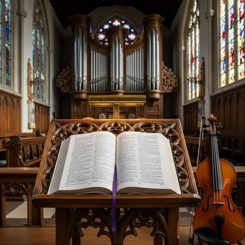 Historic Church Interior with Open Bible, Organ, and Violin