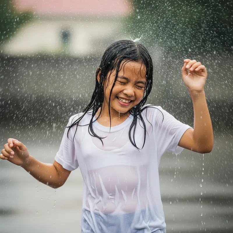 Pretty Girl Dancing in Rain with White T-shirt
