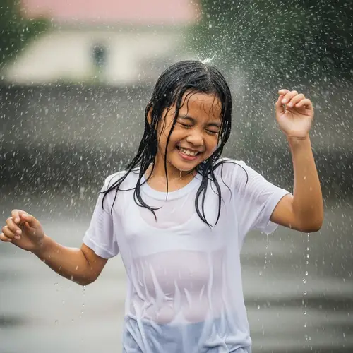 Young Asian Girl Dancing Joyously in the Rain