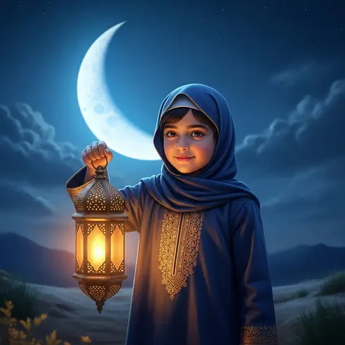 Young Muslim Child with Traditional Clothing and Lamp