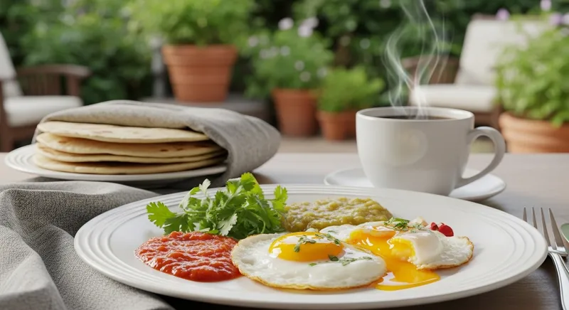 Tasty Fried Egg Breakfast with Fresh Cilantro and Mexican Salsa