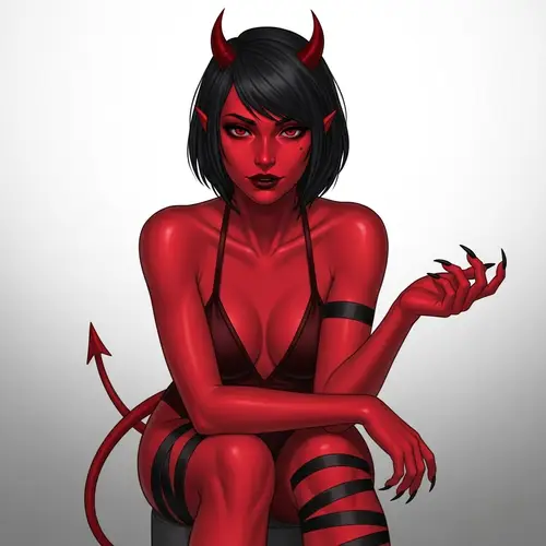 Enigmatic Devil Woman with Red Skin in Dark Red Bodysuit