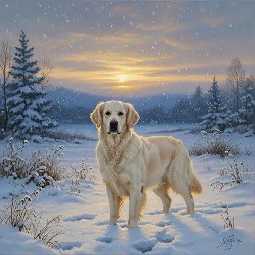 English Cream Golden Retriever Oil Painting in Winter Landscape
