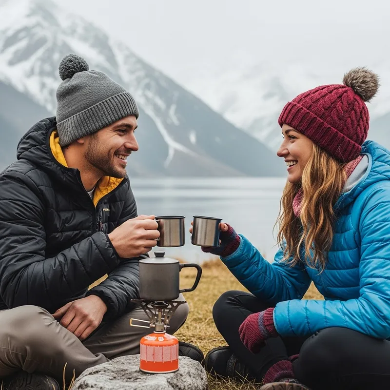 Happy Caucasian Couple Camping Near Snowy Mountain | Serene Adventure