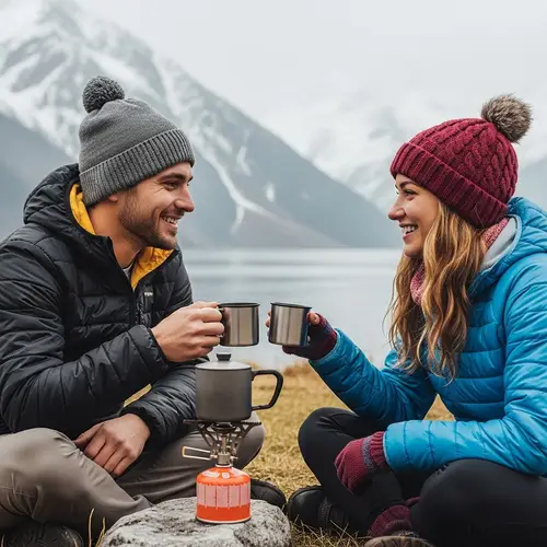 Serene Camping Trip with Happy Caucasian Couple Near Snowy Mountain