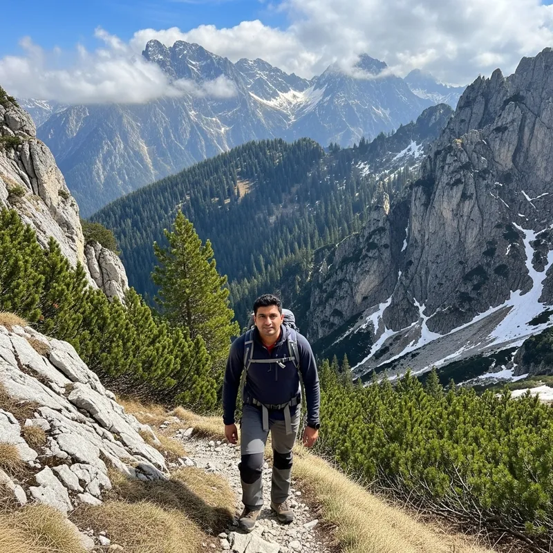 Man Hiking through Mountain Landscape