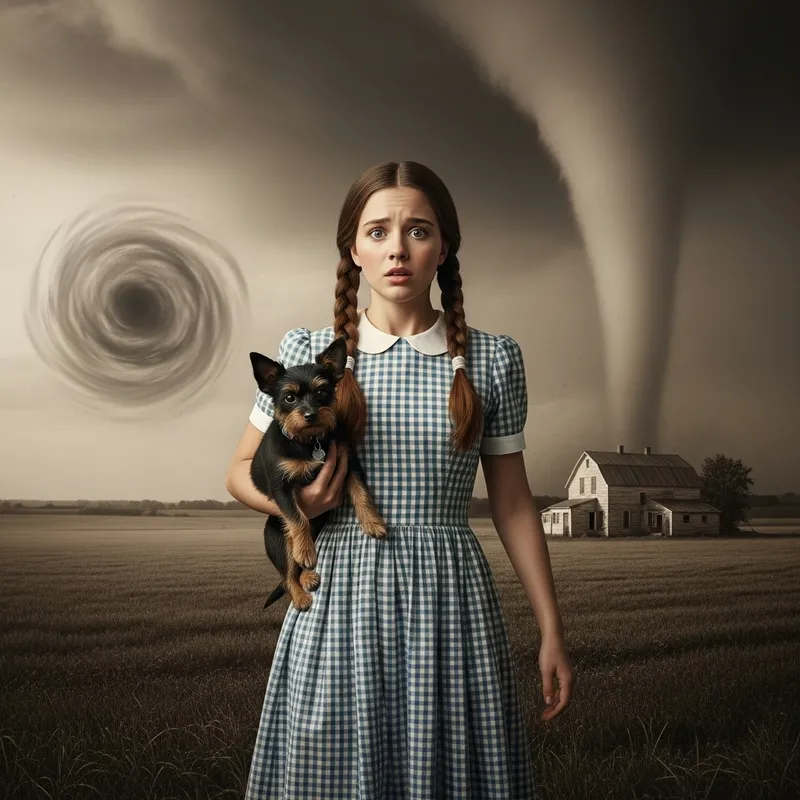 Dorothy Gale Confronts Tornado in Banksy's Interpretation