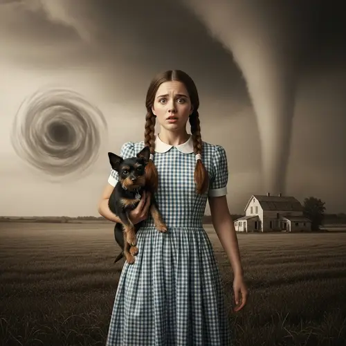 Girl with Pigtailed Hair in Gingham Dress Confronts Tornado