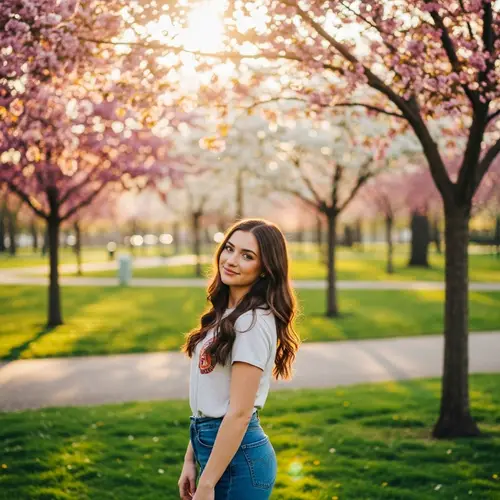Young Caucasian Woman with Long Brown Hair in Park Setting