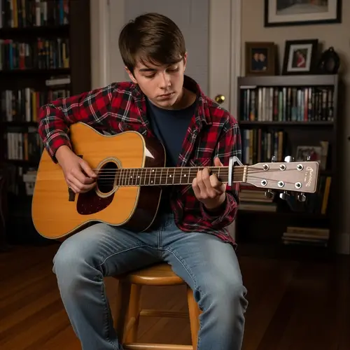 Passionate Young Boy Playing Acoustic Guitar in Cozy Room