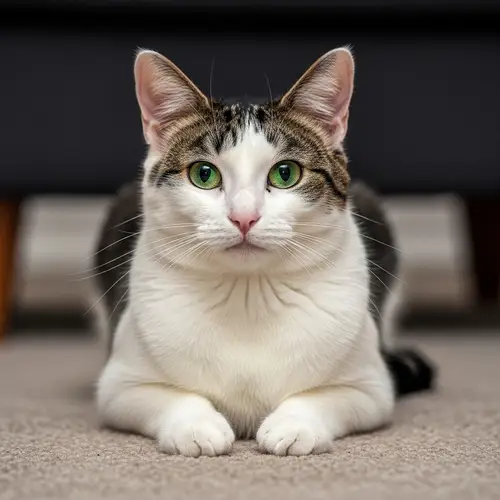Fluffy White and Black Patched Domestic Short-Haired Cat on Plush Carpet