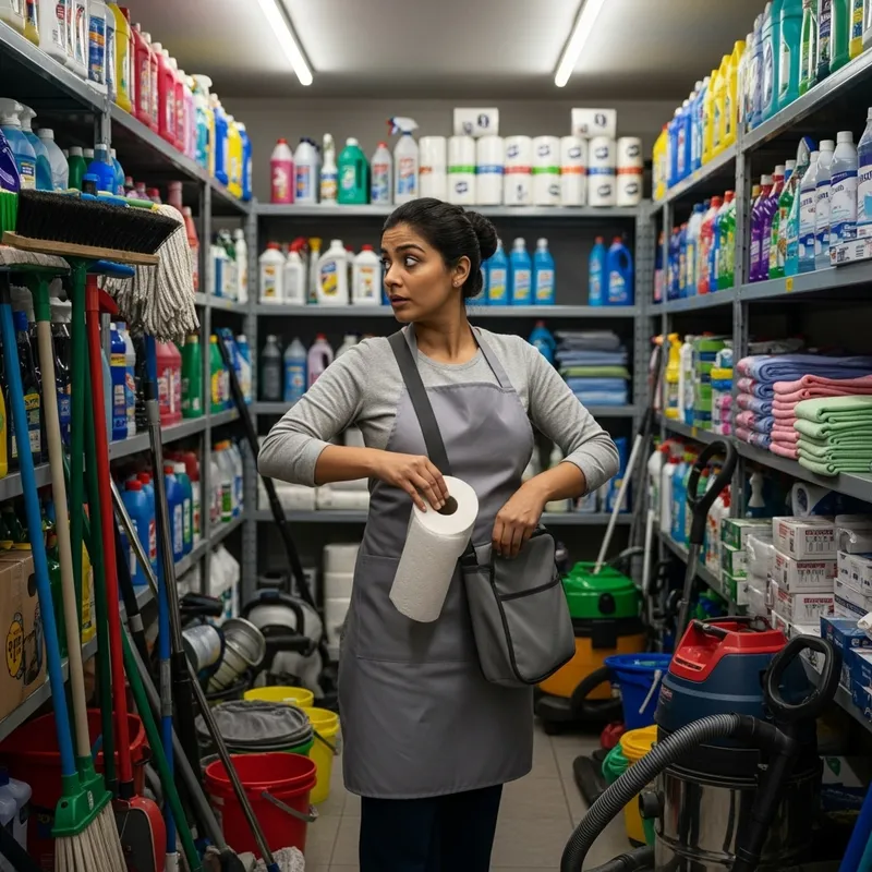 Sneaky Cleaner Stashing Toilet Paper | Warehouse Scene Sneaky Cleaner Stashing Toilet Paper | Warehouse Scene