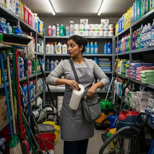 Cleaning Woman Secretly Stashing Toilet Paper in Purse | Cleaning Company Warehouse