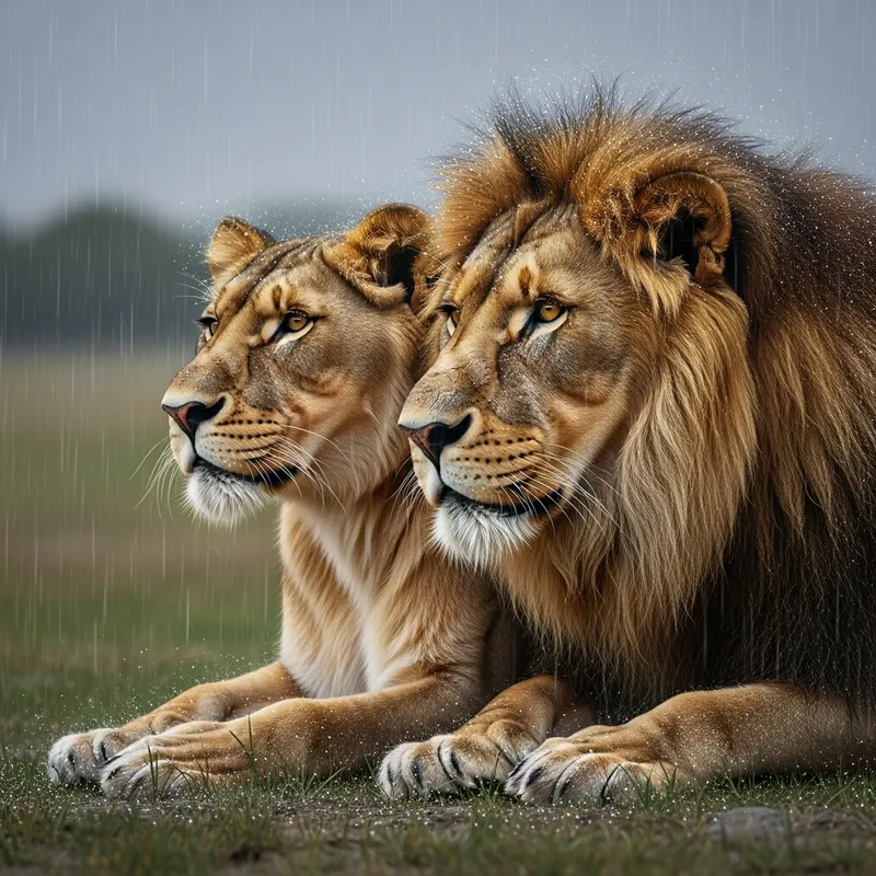 Majestic Lion and Lioness Art in Serene Rain | 3D Scene Majestic Lion and Lioness Art in Serene Rain | 3D Scene