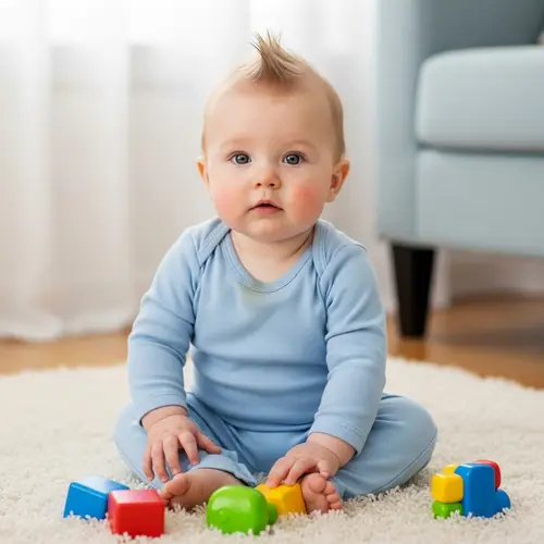 Adorable Baby Boy with Spiky Hair Exploring in Blue Onesie | Website Name