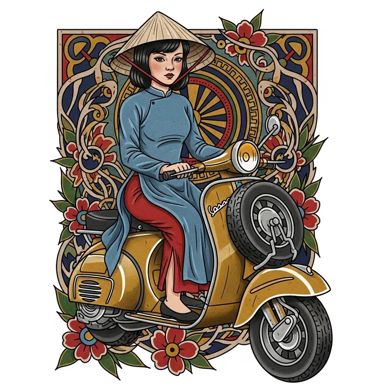 Traditional Vietnamese Tattoo of a Girl on Scooter