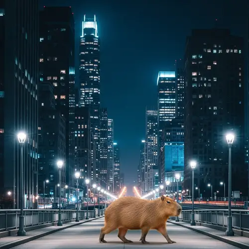 Serene Urban Cityscape at Night with Capybara