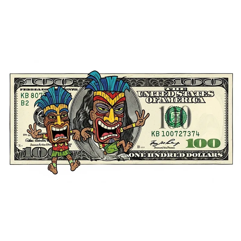 Colorful $100 Bill Featuring Tiki Twins: Pop Art Masterpiece