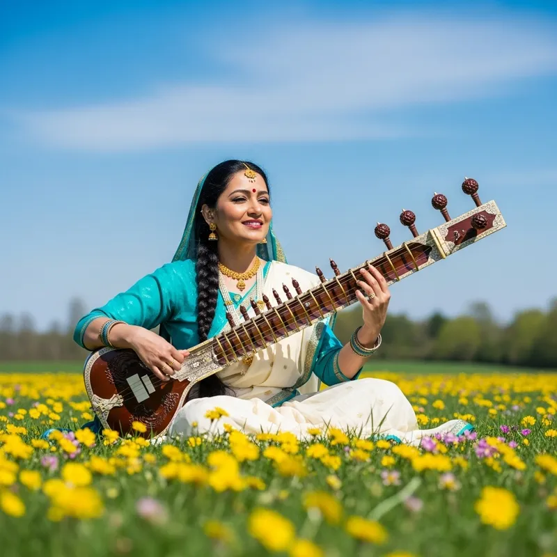 Radiant Woman with Sitar in Flower Field