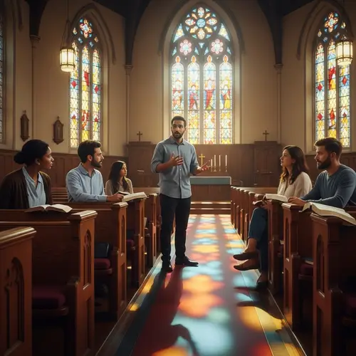 Diverse Bible Study in Traditional Church | Serene Atmosphere