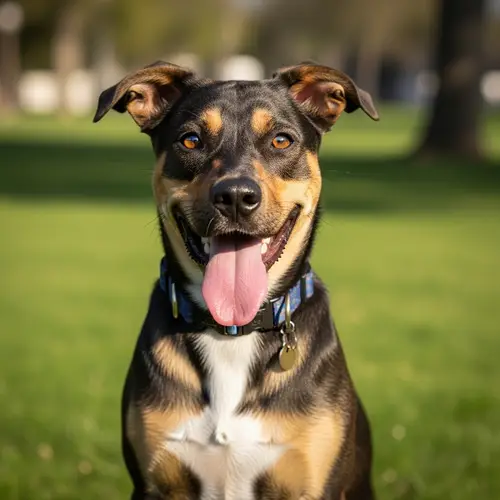 Cheerful Mixed Breed Dog Enjoying Sunny Day in Grass Park