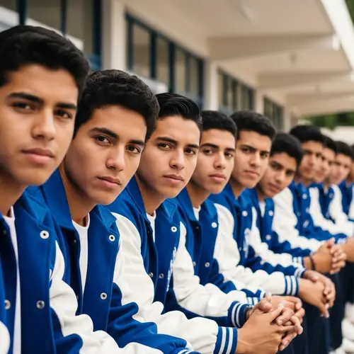 1990s High School Scene: Salvadoran Male Students in Blue and White Jackets