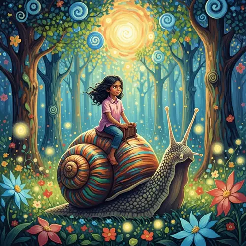Girl Riding Giant Snail in Magical Forest | Van Gogh Style Art