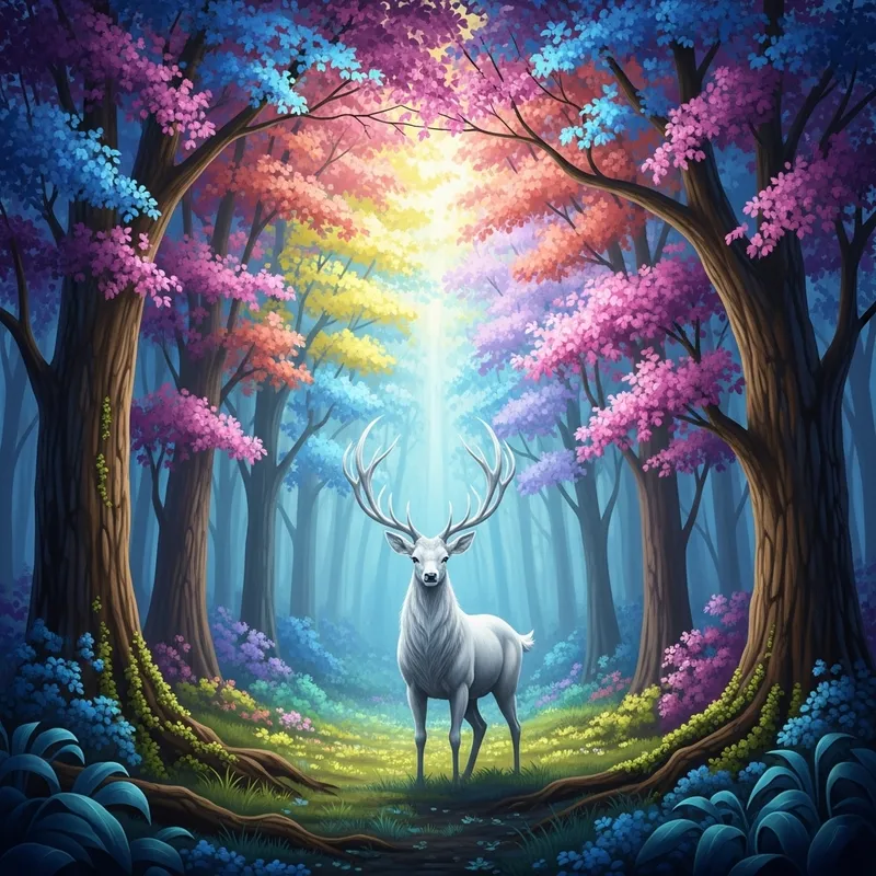 Enchanted Forest with Majestic White Stag | Fantasy-Inspired Art