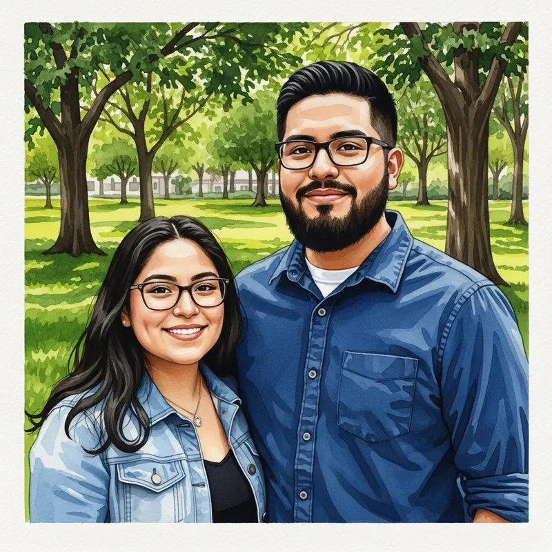 Young Hispanic Couple Watercolor Painting - Love Story in the Park