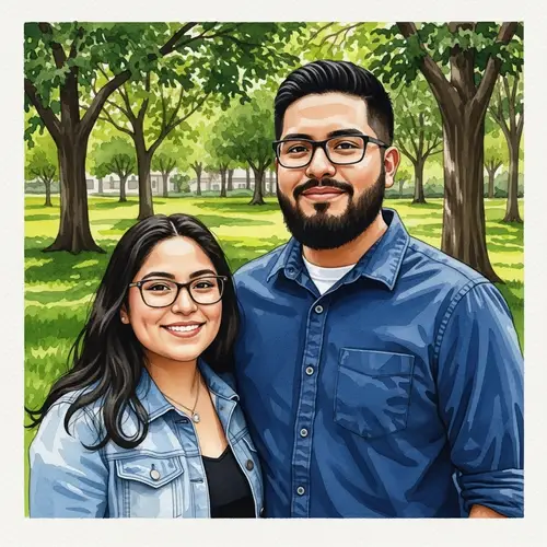 Young Hispanic Couple Watercolor Painting - Affectionate Park Scene